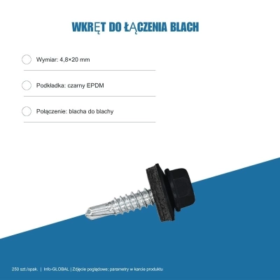 Wkręt zszywka do łączenia blach 4,8x20 mm, łeb 8 mm, kolor RAL – 250 szt.
